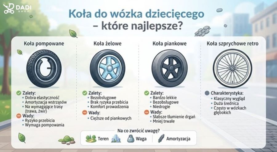 Infografika porównująca rodzaje kół do wózka dziecięcego: pompowane, żelowe, piankowe i szprychowe retro wraz z ich zaletami i wadami